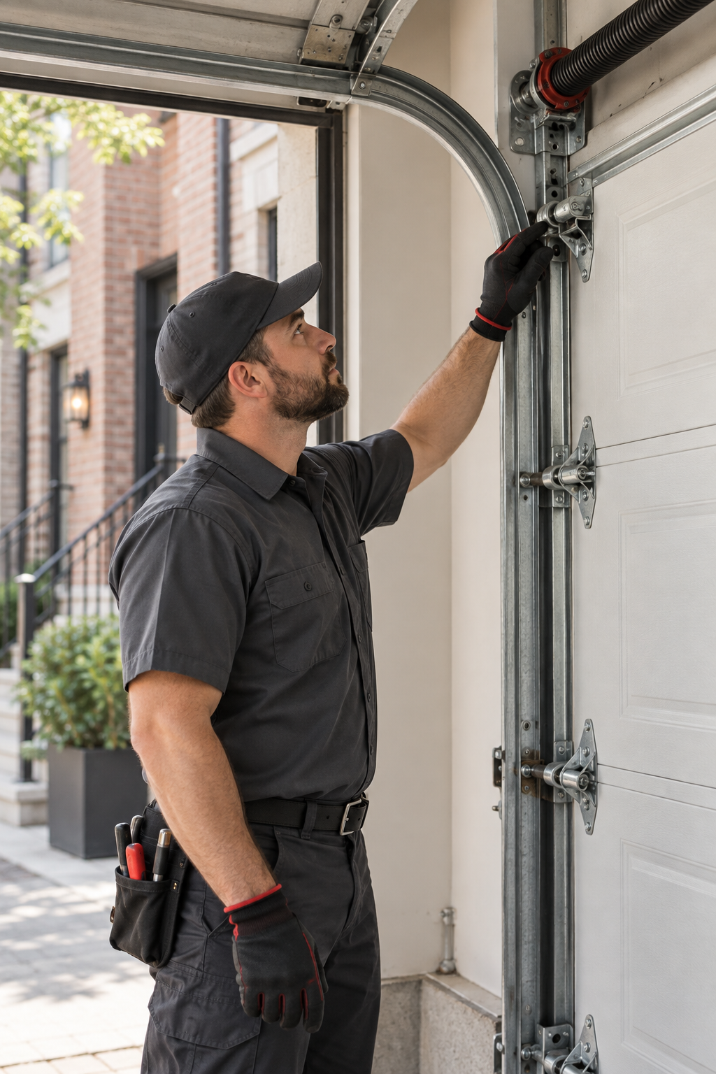 Technician working on a garage door